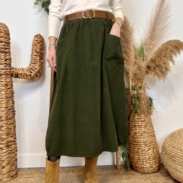 L718- Jupe Midi en Velours à Grandes Poches - kaki - taille-unique