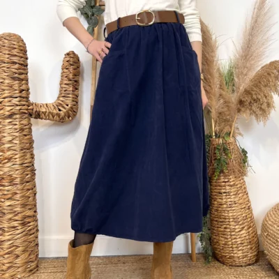L718- Jupe Midi en Velours à Grandes Poches - marine - taille-unique