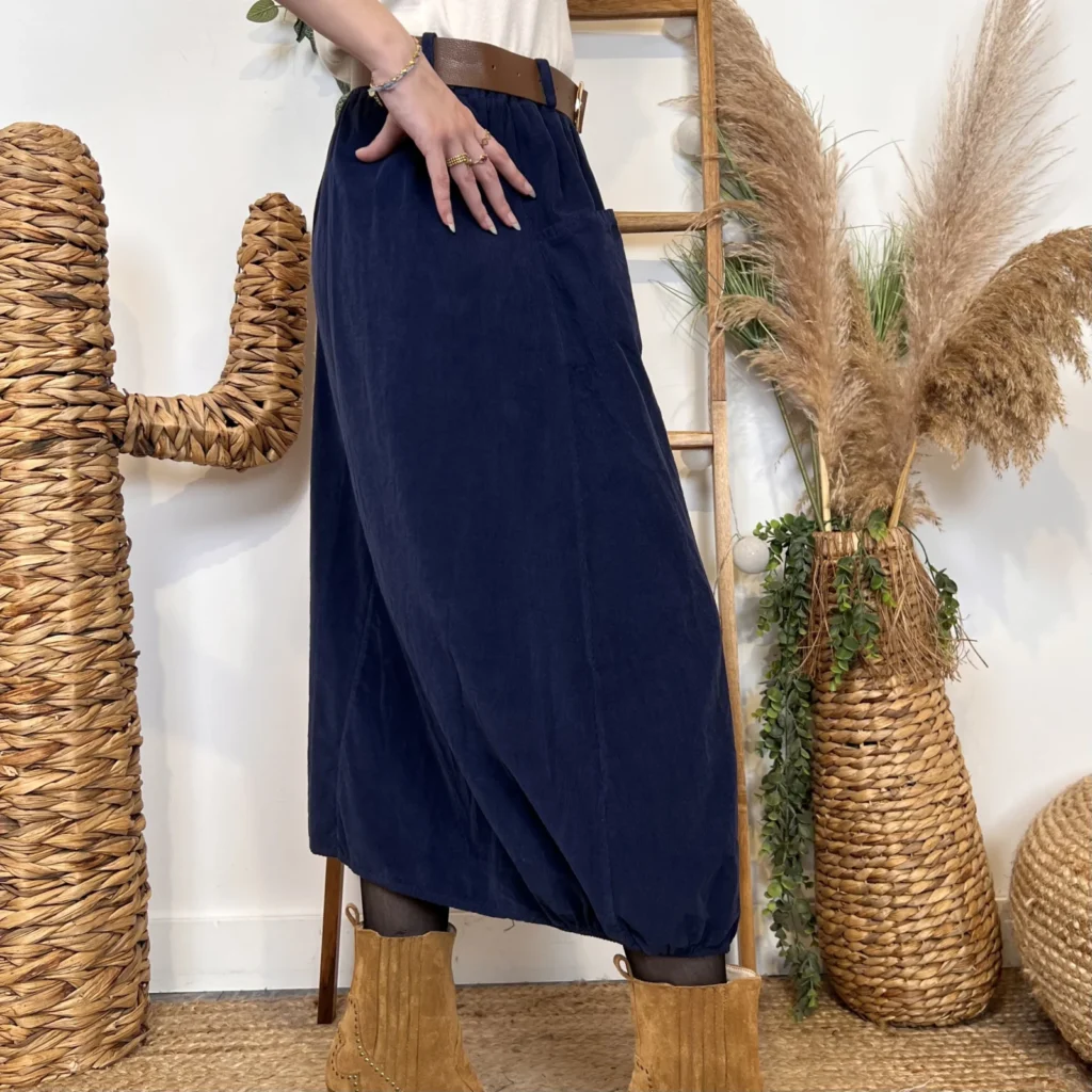 L718- Jupe Midi en Velours à Grandes Poches - marine - taille-unique