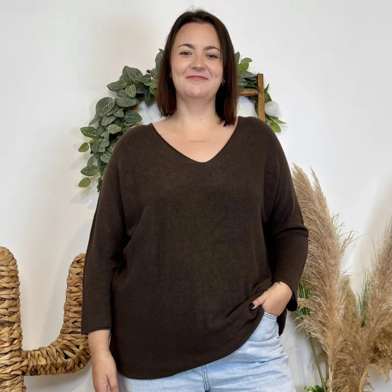 Pull femme oversize col V « Jolies Formes » - marron - taille-unique-grande-taille