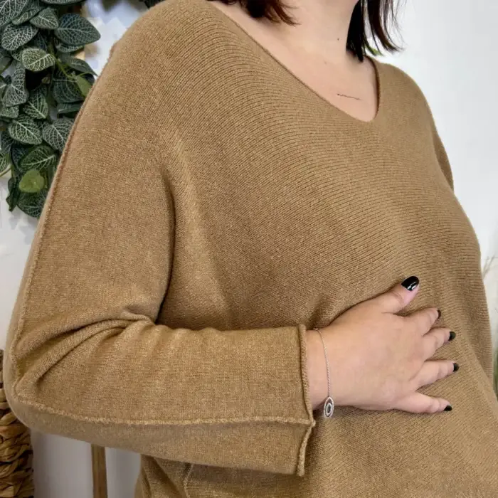 Pull femme oversize col V « Jolies Formes » - camel - taille-unique-grande-taille