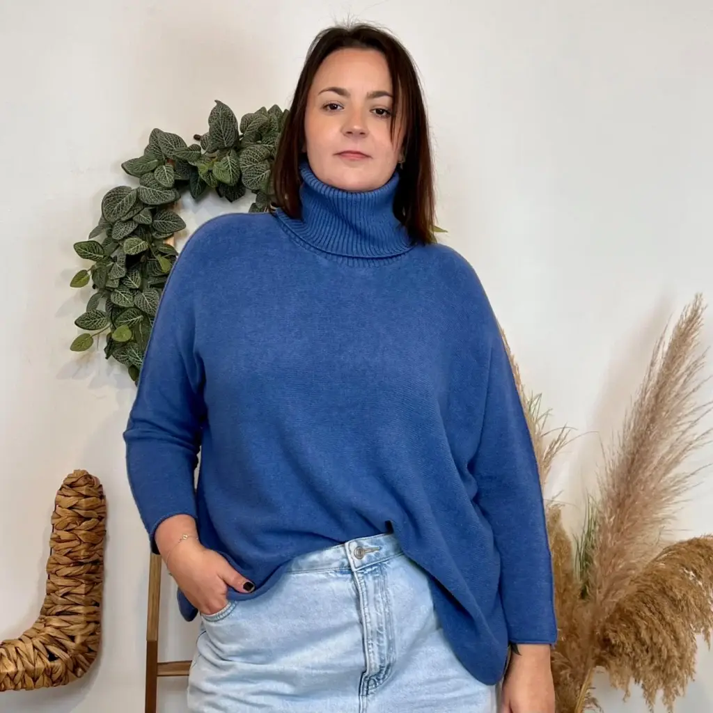J972- Pull Col roulé uni (Gt) - bleu-jeans - taille-unique-grande-taille