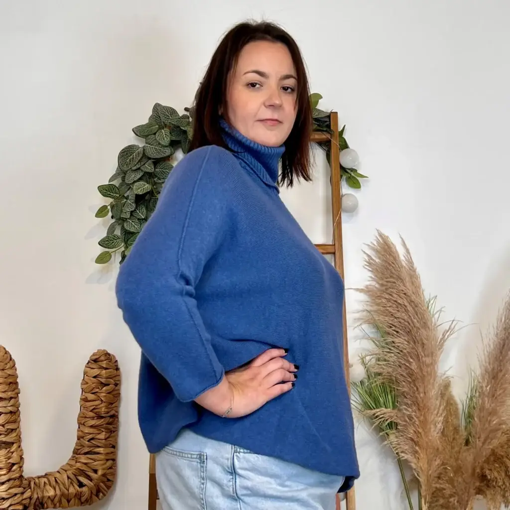 J972- Pull Col roulé uni (Gt) - bleu-jeans - taille-unique-grande-taille