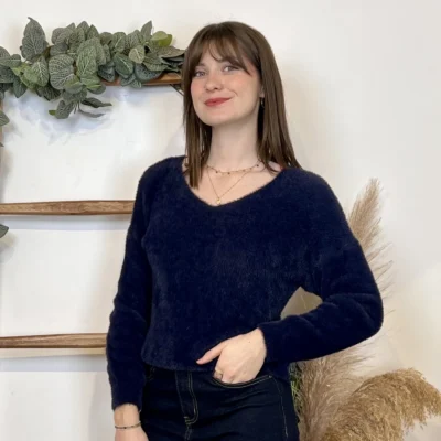 J969 - Pull poilu col V (TU) - marine - taille-unique