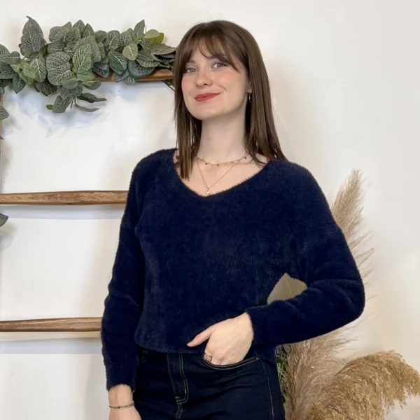 J969 - Pull poilu col V (TU) - marine - taille-unique