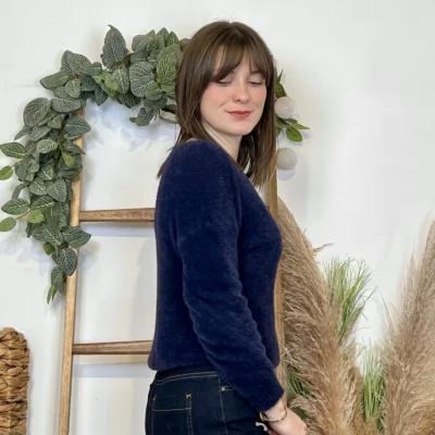 J969 - Pull poilu col V (TU) - marine - taille-unique