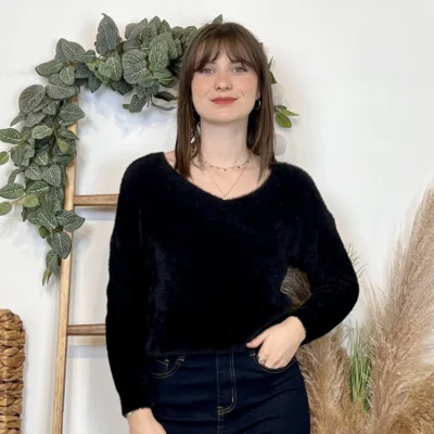 J969 - Pull poilu col V (TU) - noir - taille-unique