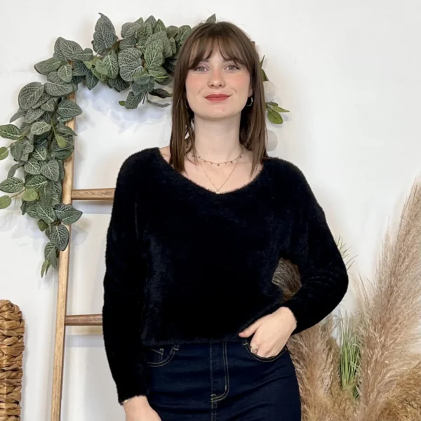 J969 - Pull poilu col V (TU) - noir - taille-unique