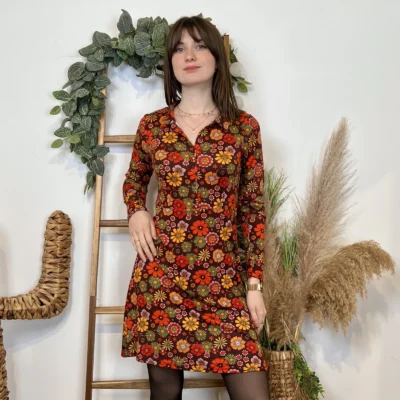 J976 - Robe Rétro à fleurs - marron - 42