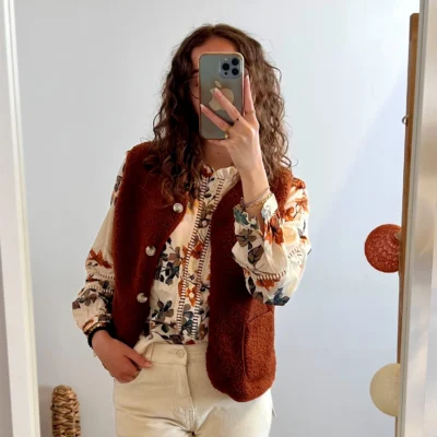 J943 - Chemisier feuille (T36-38) - beige - 38