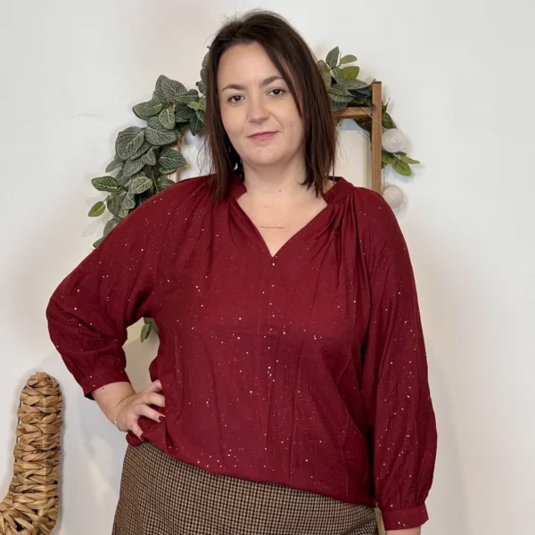 J958 - Blouse pailletée col V (T44-T52) - bordeaux - 52
