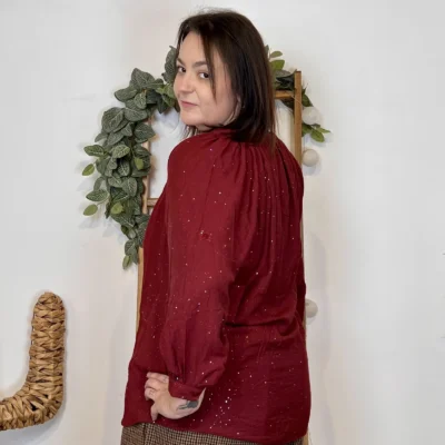 J958 - Blouse pailletée col V (T44-T52) - bordeaux - 52