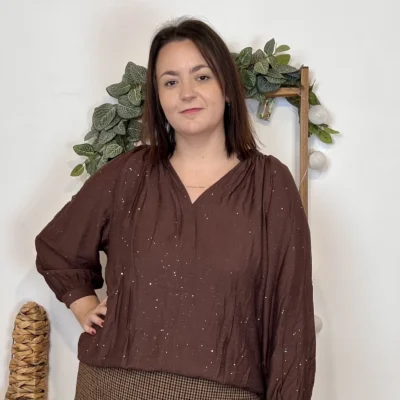J958 - Blouse pailletée col V (T44-T52) - marron - 58