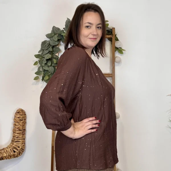 J958 - Blouse pailletée col V (T44-T52) - marron - 58