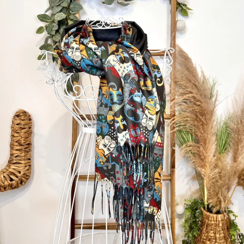 Y465 - Foulard imprimé chats - noir - sans-taille