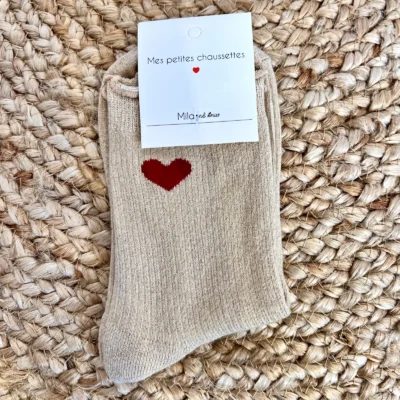 V295- Chaussettes paillettes "Coeur" - beige - sans-taille