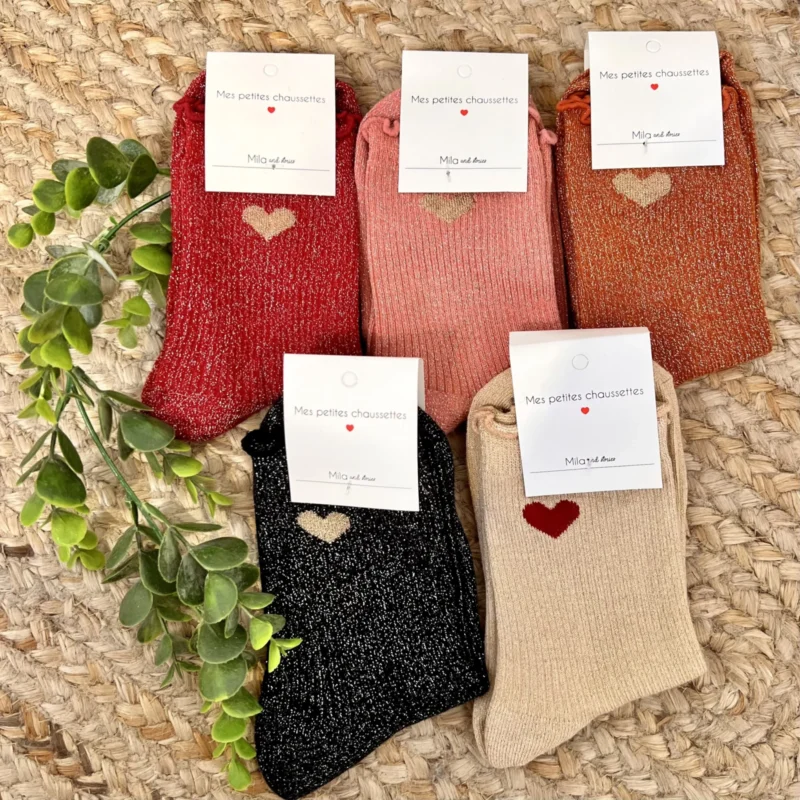 V295 - Chaussettes paillettes "Coeur" - rouille - sans-taille
