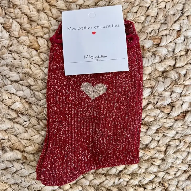 V295- Chaussettes paillettes "Coeur" - bordeaux - sans-taille
