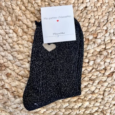 V295- Chaussettes paillettes "Coeur" - noir - sans-taille