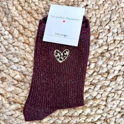 V298- Chaussettes paillettes "Coeur" - bordeaux - sans-taille
