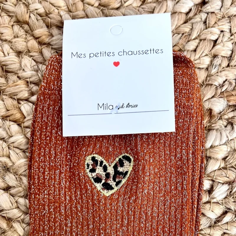 Chaussettes pailletées femme cœur animalier - rouille - sans-taille