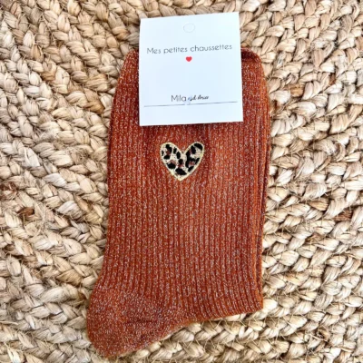 V298- Chaussettes paillettes "Coeur" - rouille - sans-taille