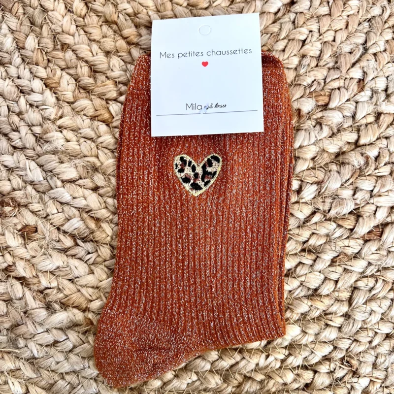 Chaussettes pailletées femme cœur animalier - rouille - sans-taille