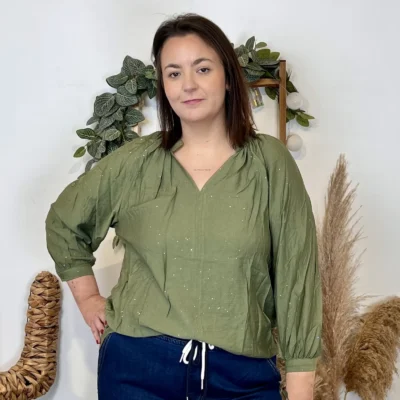 J958 - Blouse pailletée col V (T44-T52) - kaki - 58