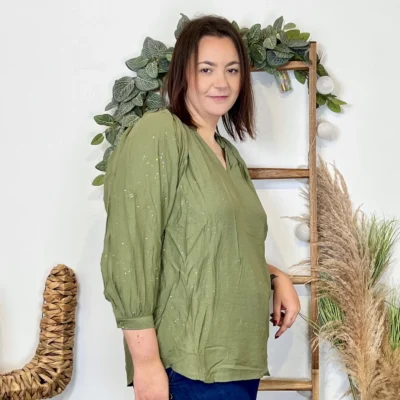 J958 - Blouse pailletée col V (T44-T52) - kaki - 58
