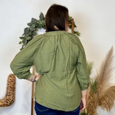J958 - Blouse pailletée col V (T44-T52) - kaki - 58