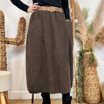 L718- Jupe Midi en Velours à Grandes Poches - marron - taille-unique