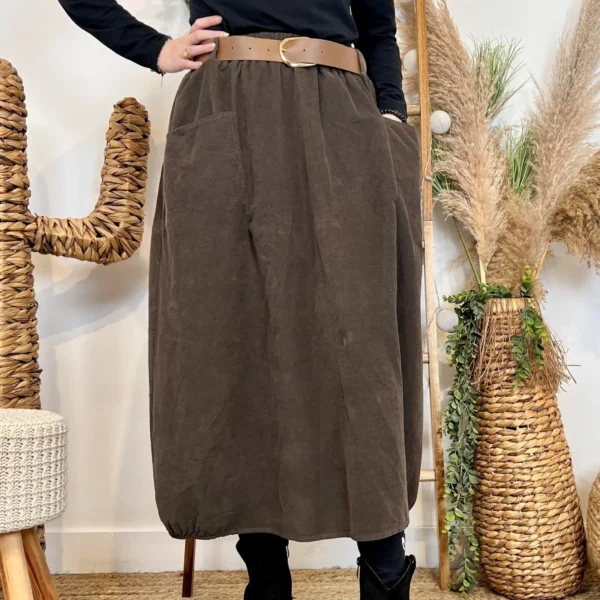 L718- Jupe Midi en Velours à Grandes Poches - marron - taille-unique