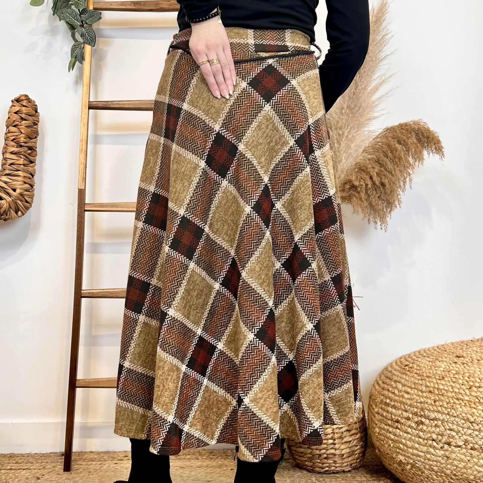 L716 - Jupe longue écossaise (TU) - camel - taille-unique