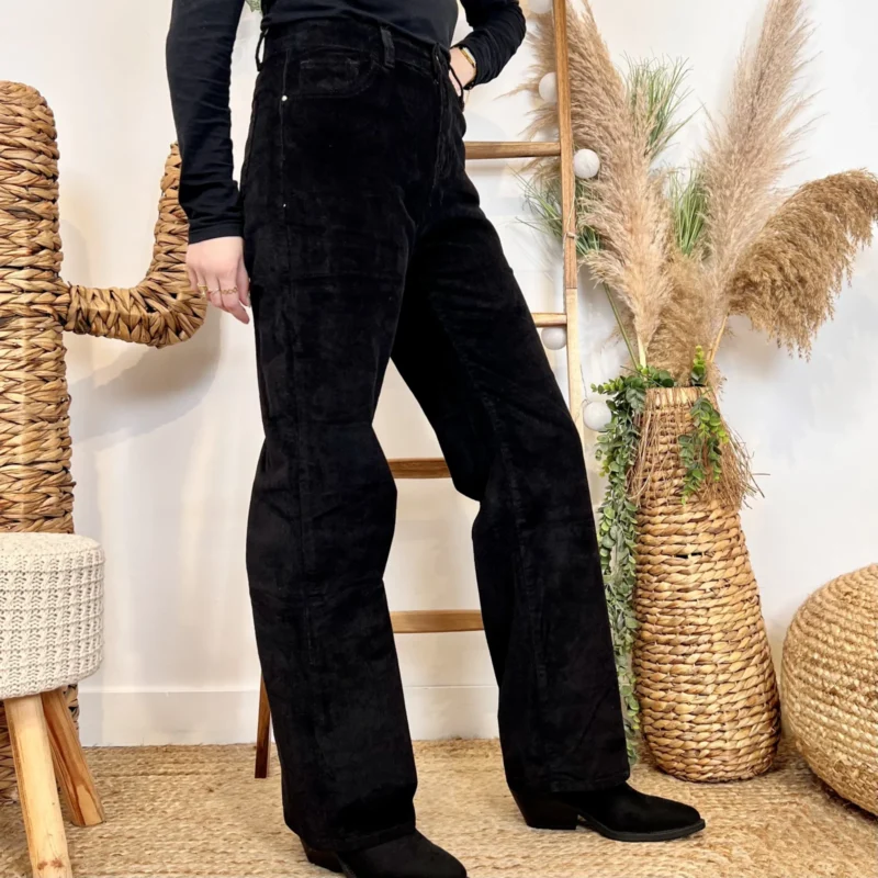 Jean Wide Leg femme en velours VOGGO taille haute T36-T44 - noir - 44