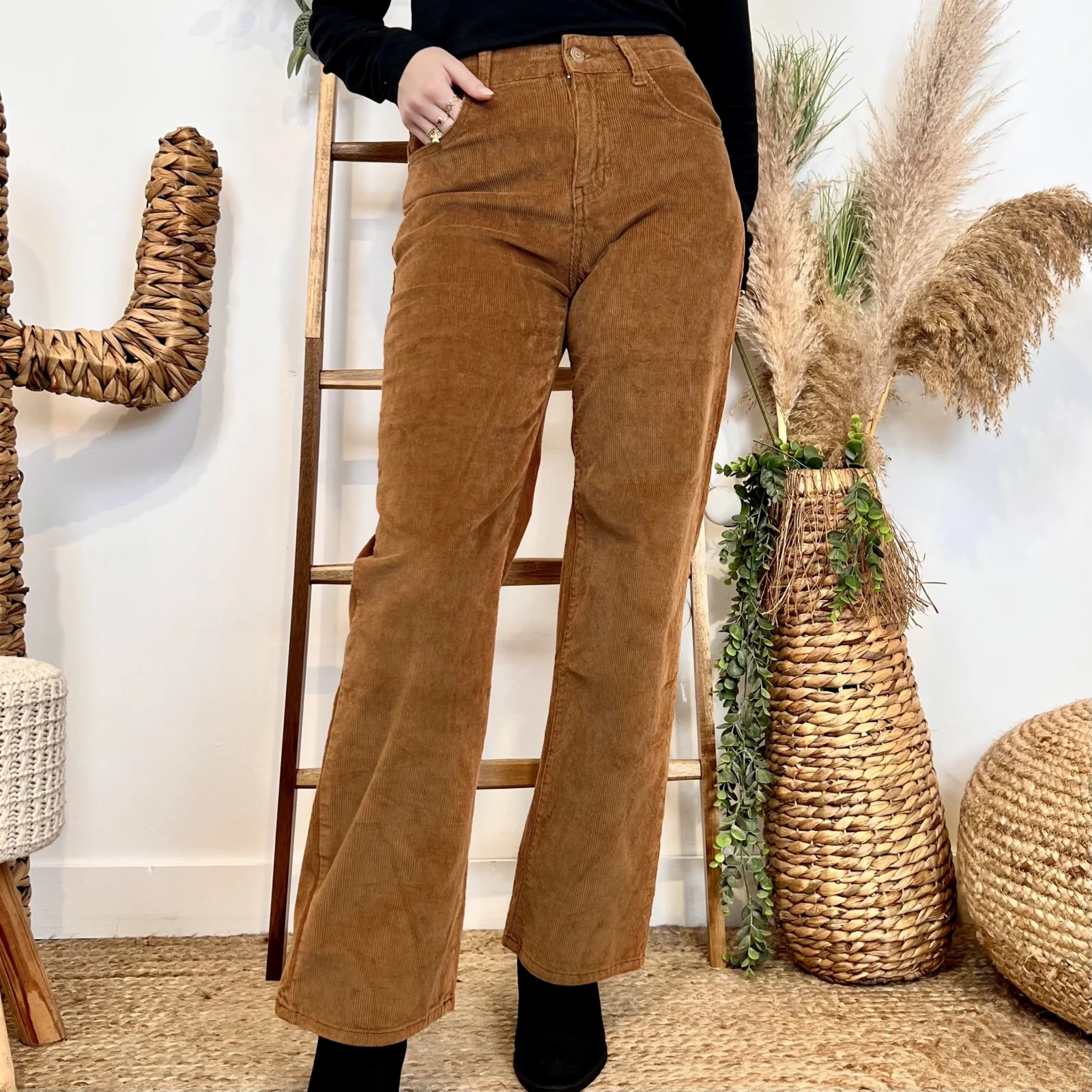 Jean Wide Leg femme en velours VOGGO taille haute T36-T44 - camel - taille-unique
