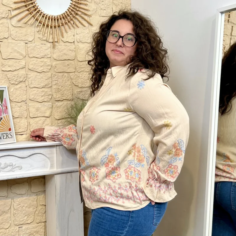 Chemise brodée fleurie (T40-T48) - beige-rose - 48