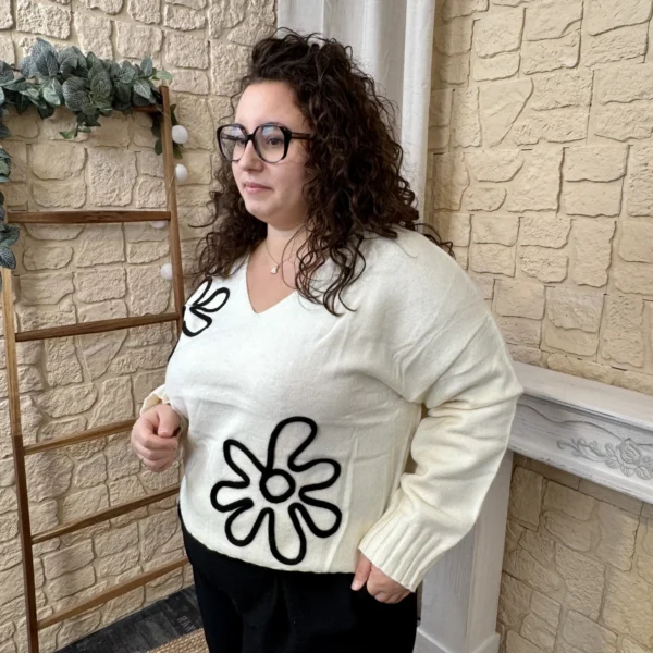 J787- Pull maille fleurs (T40- 48) - ecru - 48