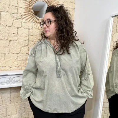 J720 - Blouse fluide broderies (GT) - kaki - taille-unique-grande-taille