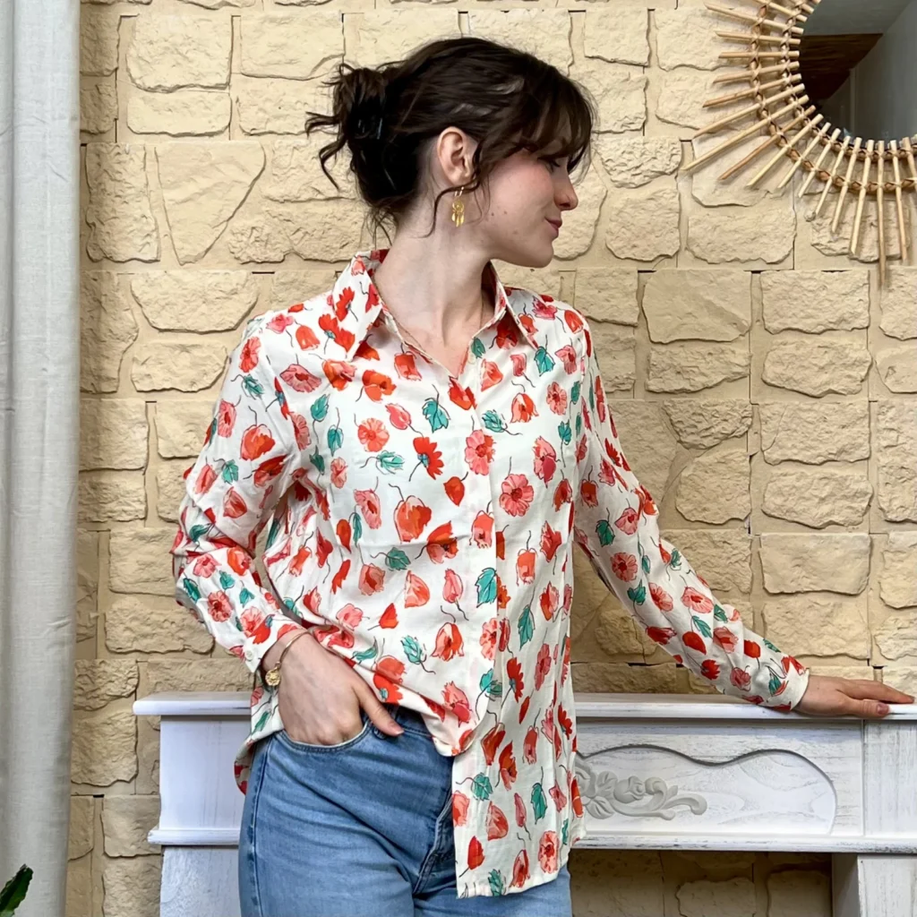 I782 - Chemise florale (T36-T38) - corail - taille-unique