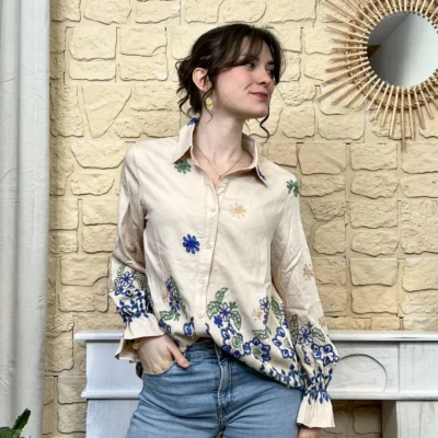 I764 - Chemise brodée fleurie (T36-T38) - beige - 38