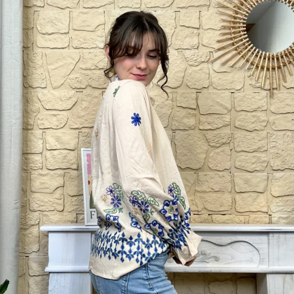 I764 - Chemise brodée fleurie (T36-T38) - beige - 38