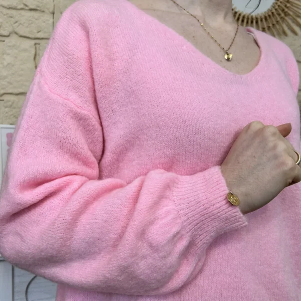 I776 - Pull col V en maille douce - rose - taille-unique