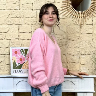 I776 - Pull col V en maille douce - rose - taille-unique