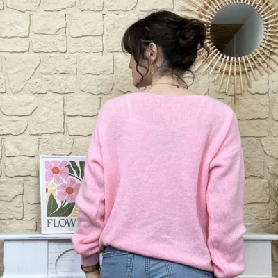 I776 - Pull col V en maille douce - rose - taille-unique