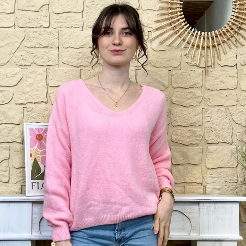 Pull col V en maille douce - rose - taille-unique