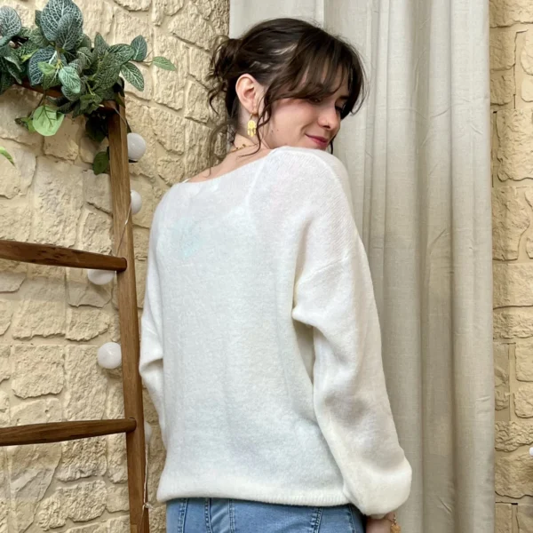 I776 - Pull col V en maille douce - blanc - taille-unique