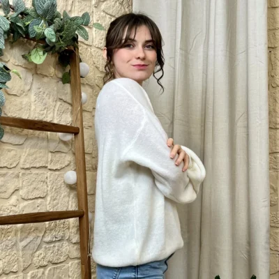 I776 - Pull col V en maille douce - blanc - taille-unique