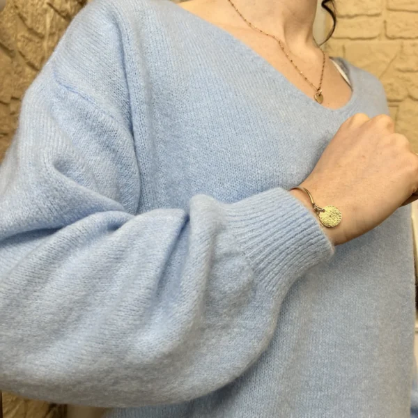 I776 - Pull col V en maille douce - bleu-ciel - taille-unique
