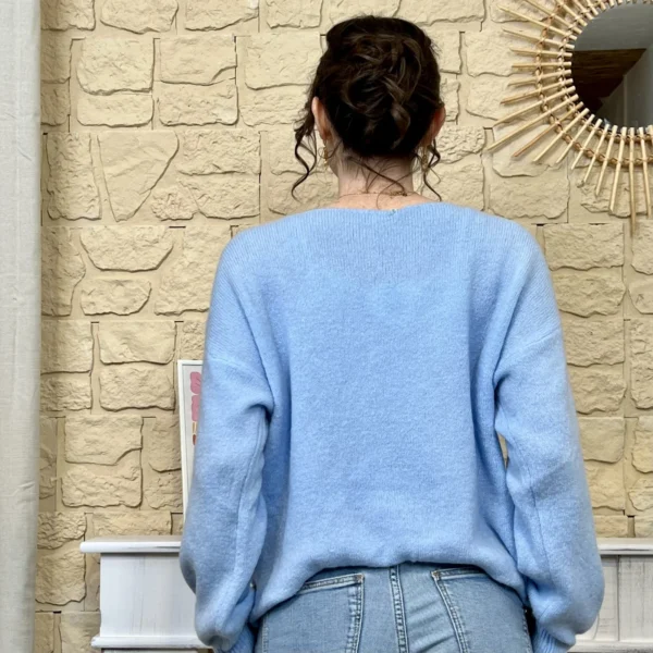 I776 - Pull col V en maille douce - bleu-ciel - taille-unique
