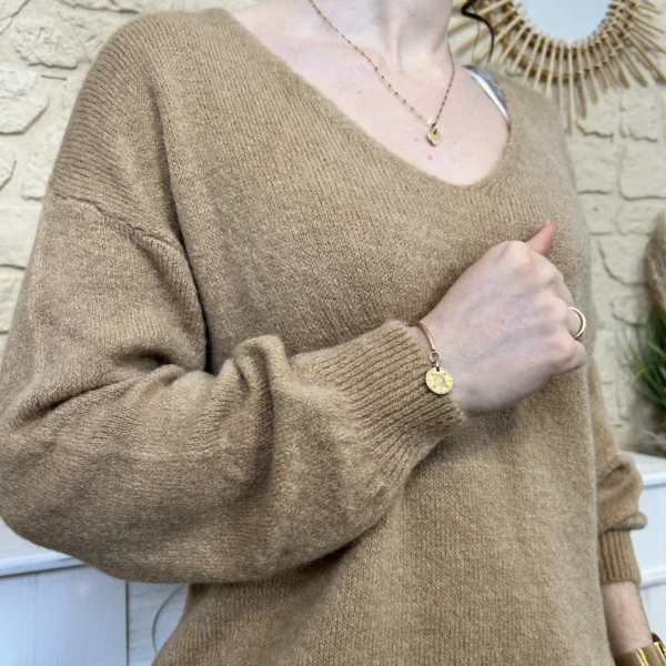 I776 - Pull col V en maille douce - camel - taille-unique-grande-taille